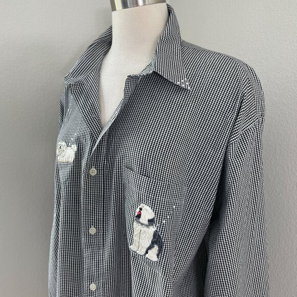 Mili Designs Womens Plus 1X Button Up Shirt Black White Dog Embroidered Gingham - Picture 3 of 15